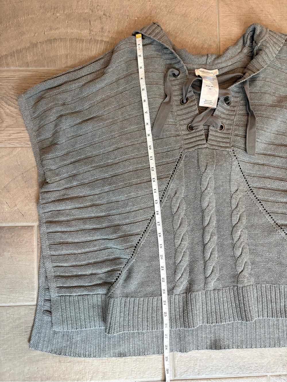 Motherhood Maternity Gray Knit Lace-Up Hooded Poncho Sweater S/M Cozy Oversized - Picture 7 of 9